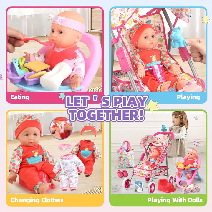 Baby Doll Stroller Set Toys for Girls Toddlers 3-5 4-6 Gifts,Baby Doll Set with 12.5 Inch Doll,1 Baby Dining Chair,20 PCS Baby Doll Accessories and 2 Sets Doll Clothes for Realistic Pretend Play
