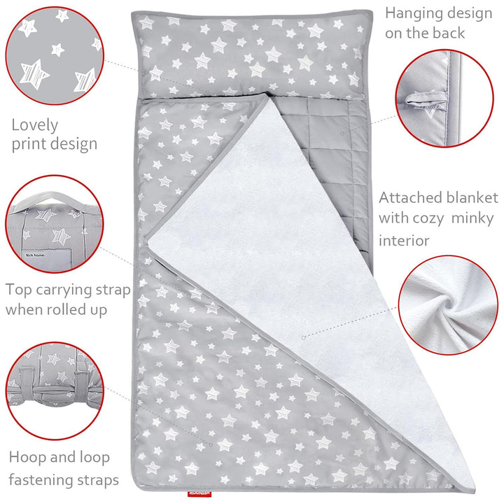 Toddler Nap Mat with Fleece Minky Blanket, Lightweight, Soft Perfect for Kids Preschool, Daycare, Travel Sleeping Bag Boys and Girls, 21" X 50" Fit Standard Cot