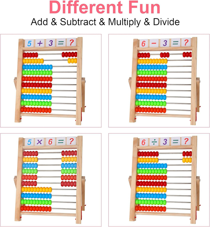 Preschool Math Learning Toy,10-Row Wooden Frame Abacus with Multi-Color Beads, Counting Sticks, Number Alphabet Cards, Gift for 2 3 4 5 6 Years Old Toddlers Boys Girls