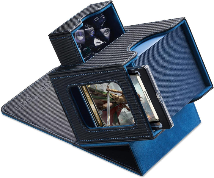 Card Deck Box for MTG Commander - Patented Design, Commander Display, Fits 100 Double-Sleeved Cards, 35Pt Card Brick & Dice Tray - Black/Red