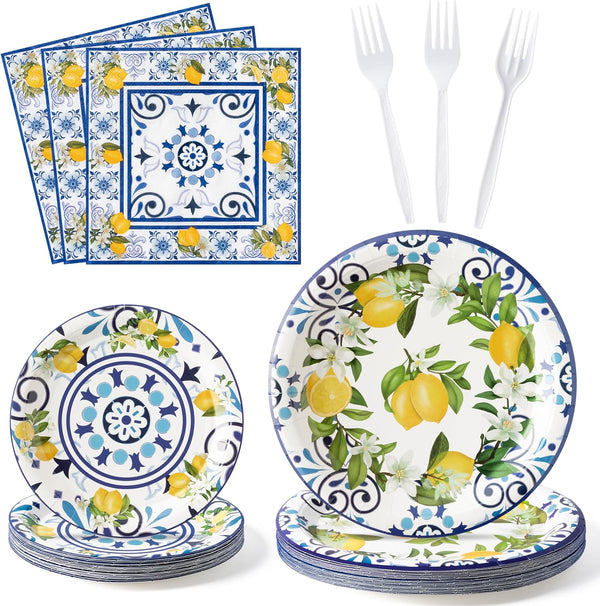 96Pcs Capri Lemon Party Plates Supplies Blue Tiles Yellow Lemon Party Tableware Decorations Summer Citrus Fruit Disposable Paper Plates Napkins Forks for Kids Birthday Baby Shower, Serves 24