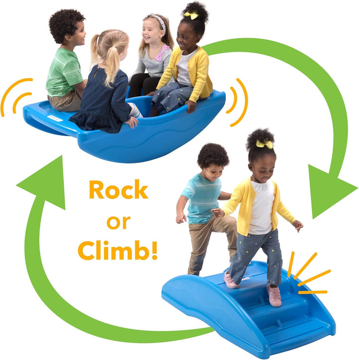 Two Sided Rock and Roll Teeter Totter Seesaw and Climbing Bridge, Fits up to Four Children and Kids for Rocking and Climbing - Indoor/Outdoor, Made in USA (Blue)