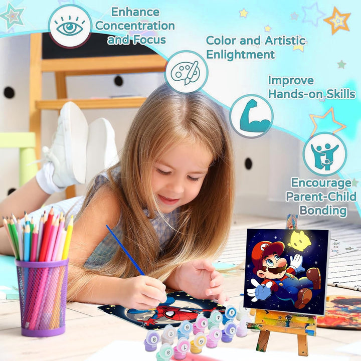 4 Pack Cartoon Paint by Numbers Kit for Kids with Frame - Wooden Easel, Cute Kids Paint by Numbers Ages 4 8 12, DIY Acrylic Oil Painting for Home Wall Decor (8X8 Inch)