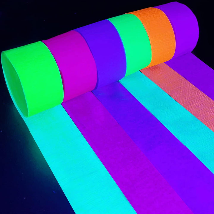 600 Feet Glow Crepe Paper Streamers UV Glow Party Neon Streamer Decorations Glow in the Dark Black Light Reactive Fluorescent Neon Paper Party Streamers Wedding Birthday Blacklight Party Supplies
