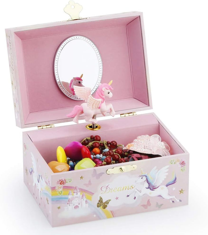 Musical Jewelry Glitter Storage Box and Jewelry Set for Little Girls with Spinning Unicorn and Rainbow - over the Waves Tune Pink