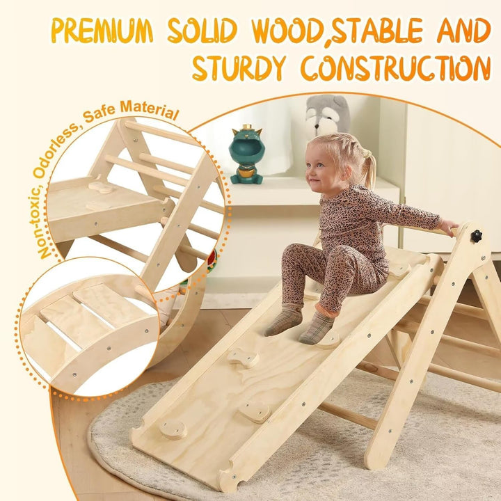 Pikler Triangle Set with Cushion, 7 in 1 Toddler Climbing Toys Indoor, Montessori Foldable Climbing Set, Wooden Climbing Toys for Toddlers 1-3 inside with Ramp, Arch and Ladder (Nature Wood)