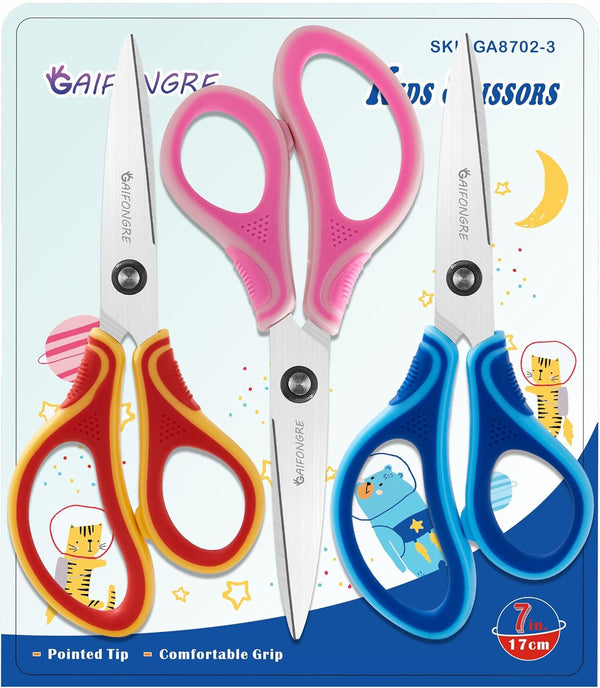 7" Student Scissors Set of 3-Pack,Pointed Tip Blades,Kids Scissors Ages 8-10 8-12 8-16 for School Crafting Project,Great for DIY, Arts, Home, Red/Pink/Blue