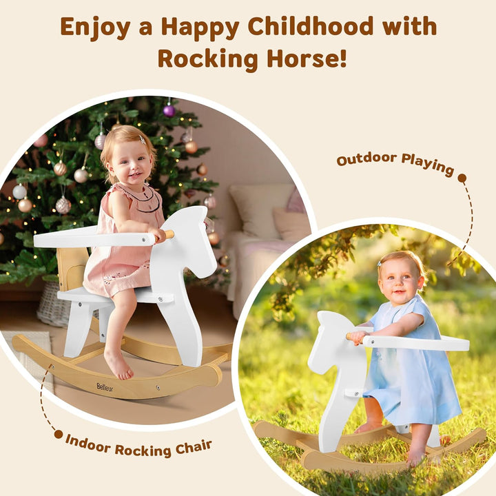 Rocking Horse for Kids 1-3 Years Old, Wooden Rocking Toy for Toddlers with Removable Fence for Indoor & Outdoor Activities, Baby Horse Riding Toy for Birthday & Visit Gifts