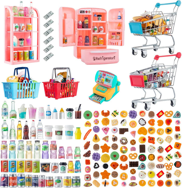 164Pcs Mini Shopping Cart Basket Miniature Food Drink Toy Supermarket Metal Handcart Trolley Dollhouse Store Grocery Accessories Kitchen Play Game Party Model Shelves Cash Register Refrigerator Fridge