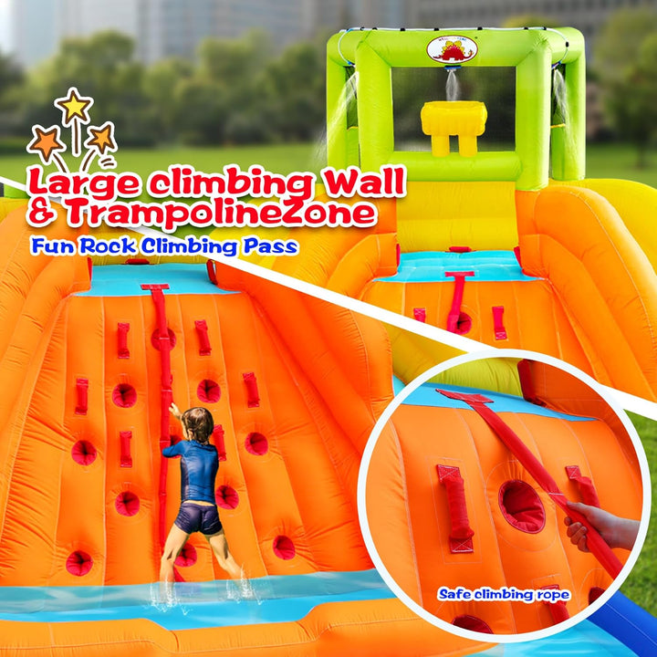 Inflatable Water Slide, Bounce House with Water Bucket, Deep Pool, Climbing Wall with Rope, Bouncy Castle with Air Blower