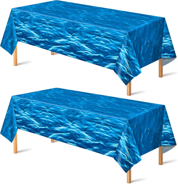 2 Pack Beach Party Decorations - Ocean Waves Plastic Tablecloth for Pool Party Decorations - Sea Water Print Table Cover for Summer Birthday Beach Theme Blue Backdrop Banner