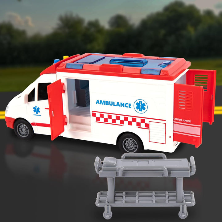 Ambulance Toy Truck for Kids 3-8, Lights & Siren, Friction-Powered 1/16 Scale Rescue Toy Ambulance, Emergency Vehicle Toys with Removable Stretcher, Doors Open for Immersive Imagination