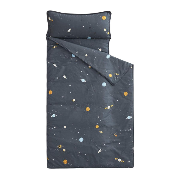 - Toddler Nap Mat with Pillow and Blanket, 100% Cotton Fabric, for Kids Boys Girls Ages 3 plus in Daycare Kindergarten Preschool, Roll up Sleeping Bag, Gray Spaces, Standard