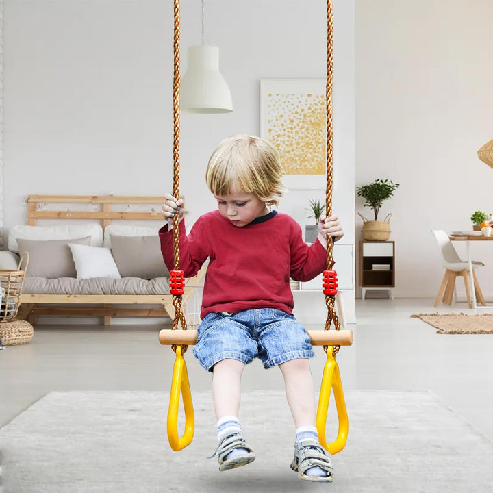 Trapeze Bar, 16" Adjustable Height Wooden Swing Set for Kids, Trapeze Climbing Bar Assembly with Rings, Gym Hanging Accessories Playground Attachments