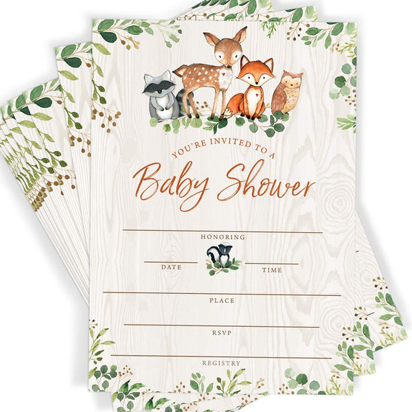 Baby Shower Invitations and Envelopes, Woodland Animals, Set of 25