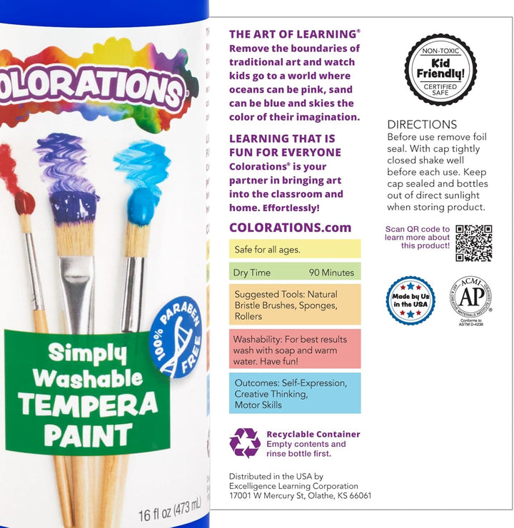 Paraben-Free Washable Tempera Paint for Kids - 8 Ounce Bottles, Set of 6 Primary Colors, Non-Toxic and Made in the USA