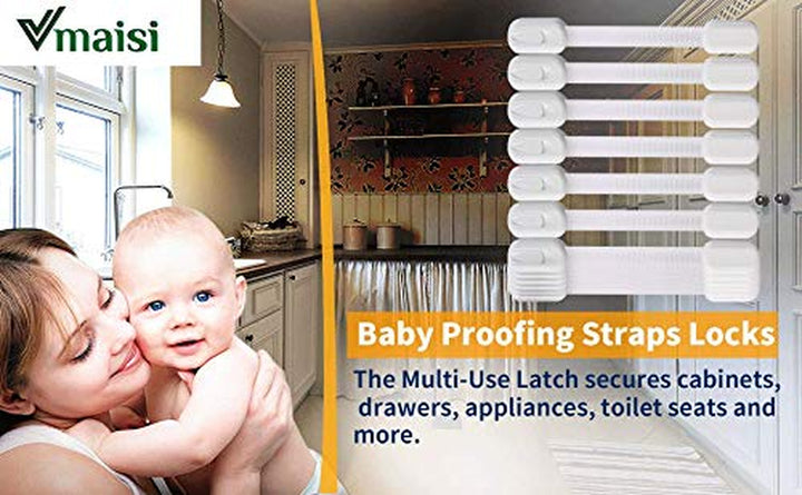 6 Pack  Multi-Use Adhesive Straps Locks - Childproofing Baby Proofing Cabinet Latches for Drawers, Fridge, Dishwasher, Toilet Seat, Cupboard, Oven,Trash Can, No Drilling (White) (6)