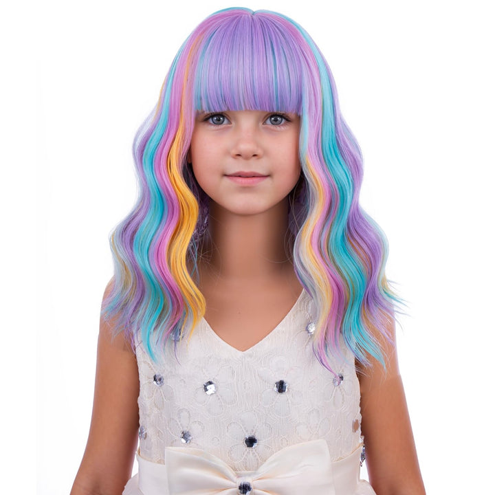 Blonde Wig Kids Child Short Wavy Wig with Bangs Flaxen Blonde Wigs Synthetic Girls Cosplay Halloween Party Costume Wigs (Flaxen Blonde)