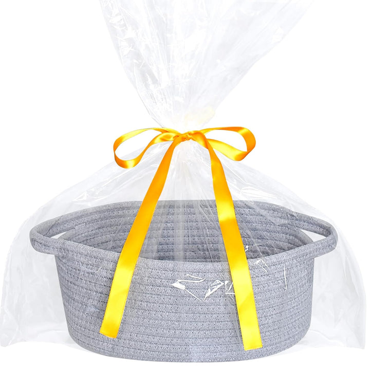 Small Basket with Gift Bags and Ribbons, Empty Gift Baskets, Decorative Boho Rope Woven Nursery Storage Organizer Toy Baskets with Handle for Baby Showers, 12"X 8" X 5"