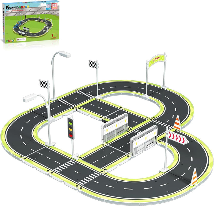 Magnetic Tiles Race Track Car Thrilling Toy Playset Includes 2 Racing Trucks STEM Educational Magnet Tile Building Block Construction Set for Toddlers Boys Girls Ages 3 and Older PTR30