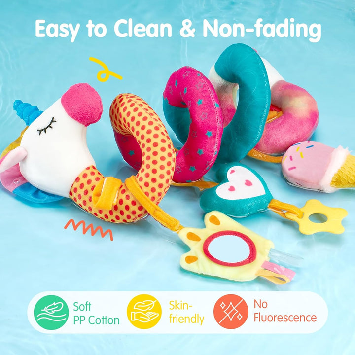 Car Seat Toys for Babies 0-6 Months Girl - Baby Toys 3-6 Months - Rattle, Mirror, Crinkle, Squeaky Carseat Stroller Toy 0-6 Months Developmental Newborn Baby Girl Birthday Gifts