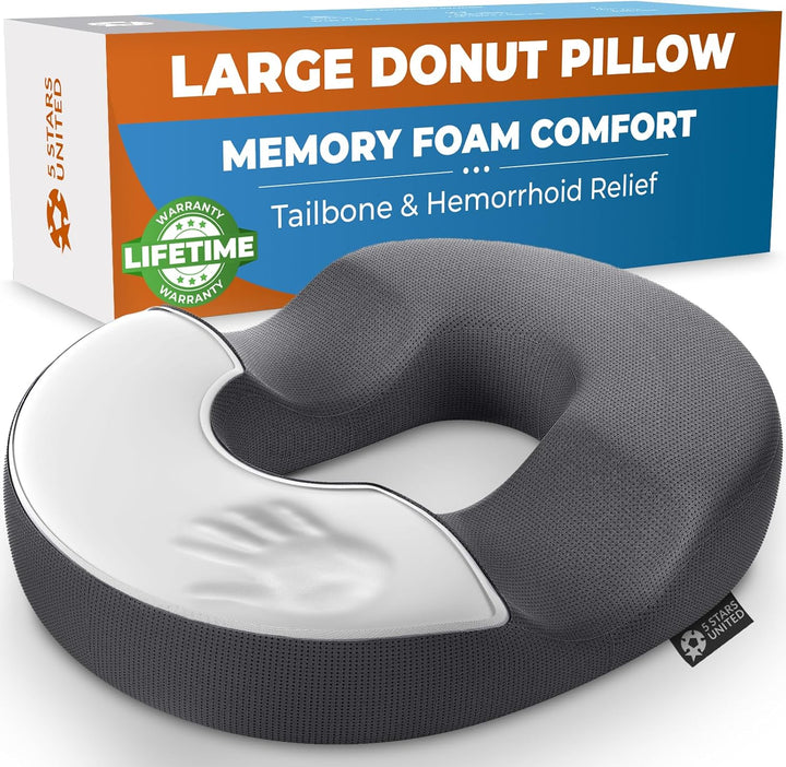Donut Pillow Hemorrhoid Tailbone Cushion – Large Cushion for Pain Relief – Coccyx, Prostate, Sciatica, Pelvic Floor, Pressure Sores, Pregnancy, Postpartum Recovery, Black
