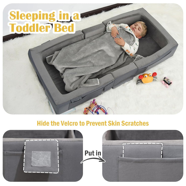 Toddler Travel Bed, Folding Floor Cot for Travel, Portable Kids Bed for Sleeping, Washable Toddler Cot for Children 18M – 5Yr Old, Grey