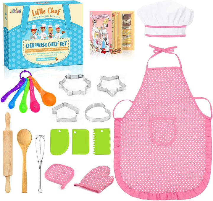 Birthday Gifts for 3-8 Year Old Girls Cute Stuff Apron for Girls Kids Cooking Sets Toddler Toys Kids Chef Hat and Apron Easter Christmas Stocking Stuffers White-With Cookbook