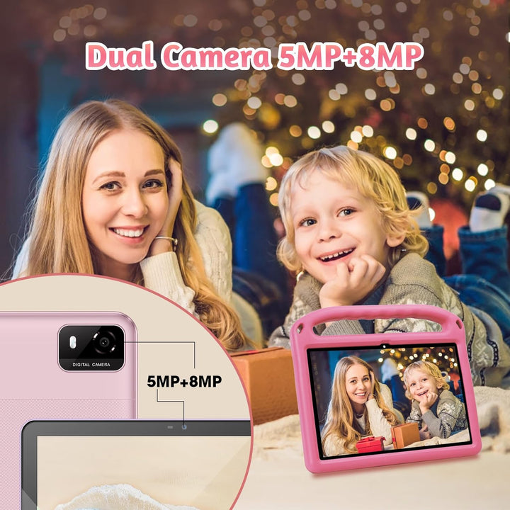 2025 Upgraded Kids Tablet, 10 Inch Android 14 Tablet for Kids, 8GB (4+4) RAM + 128GB Storage, 6000Mah Long Battery, Dual Cameras, Great Tablet for Toddlers, Case Included (Pink)