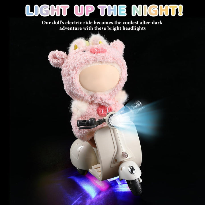 Mini Electric Doll Scooter Vehicles Toy 4 Colors Available Funny Doll Accessory with Music & Lights Could Rotate 360° Cute Plastic Scooter Toy Ornaments Battery Not Included (Cream)