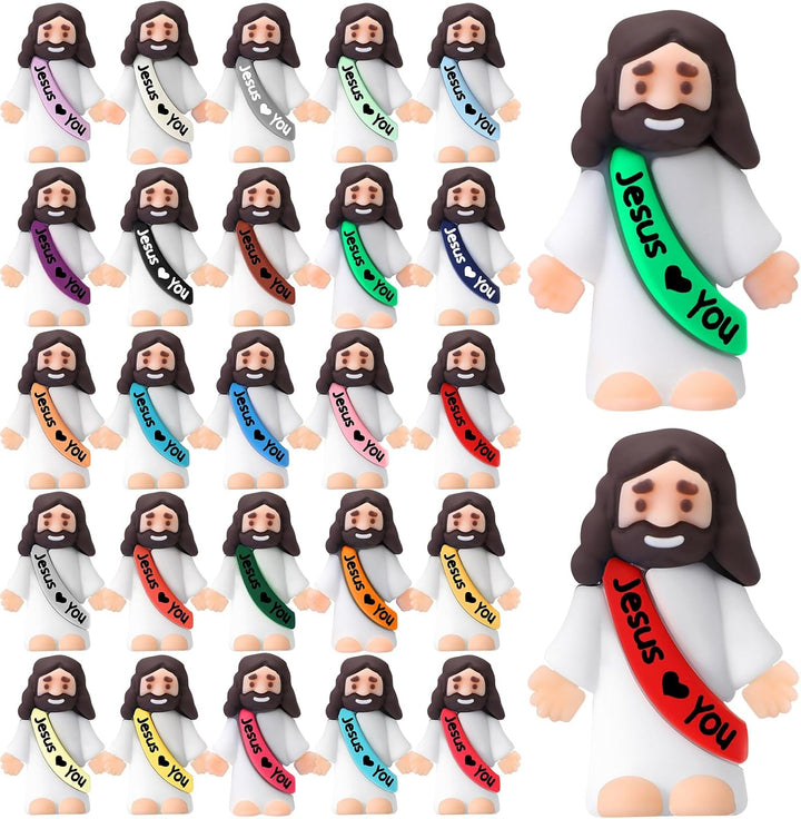 25 Pcs Little Jesus Figures Original Design Jesus Love You Mini Rubber Toys to Hide and Seek Religious Party Favors Sunday School Baptism Gifts(Lively Colors)