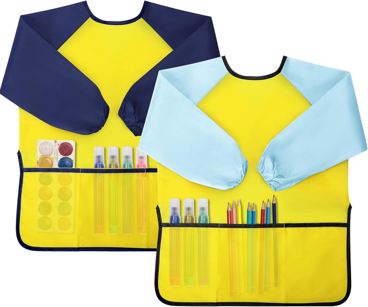 Kids Painting Apron 2 Pack, Waterproof Toddler Art Smock, Artist Smock for Kids Age 2-8 with Long Sleeve and 3 Pockets