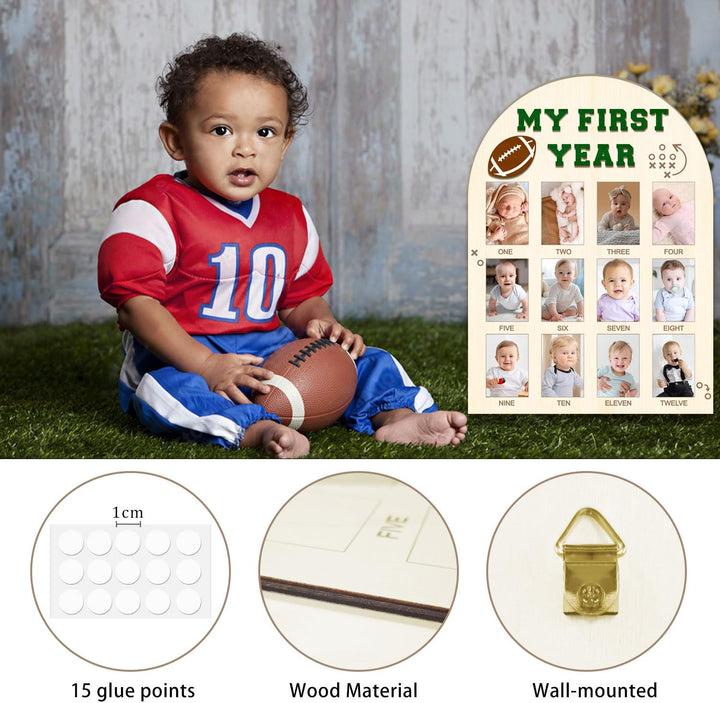 My First Year Photo Board - Baby'S First Year Photo Frame 12 Months Milestone Board Football Photo Display Wood Board 1St Birthday Picture Frame Decorations (Fits 2" X 3" Photo) ﻿