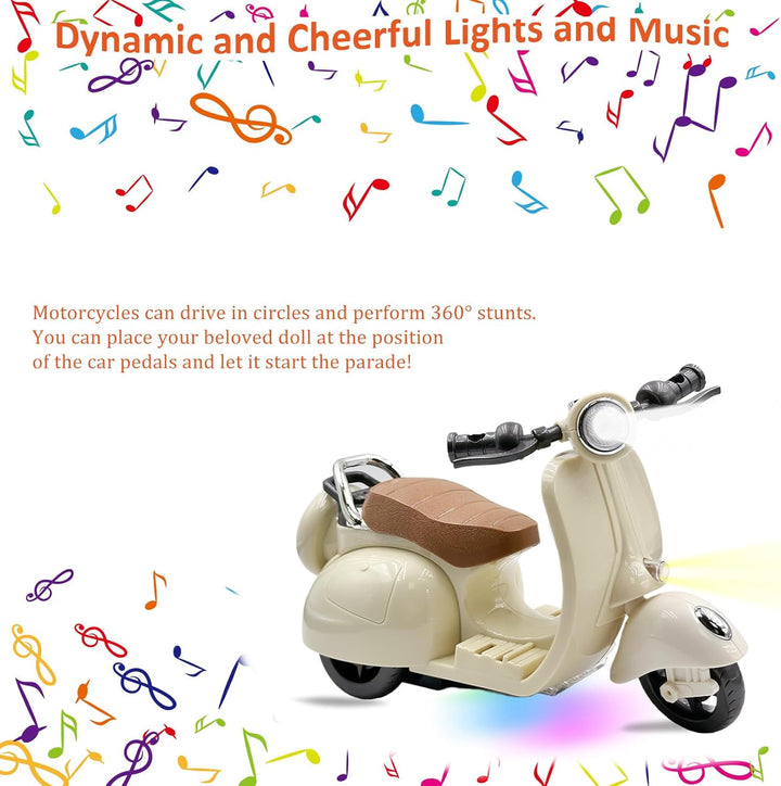 Electric Doll Scooter for 17Cm Doll,Funny Doll Accessories with Music and Lights, 360° Rotatable Plastic Scooter Decoration Batteries Not Included (White)