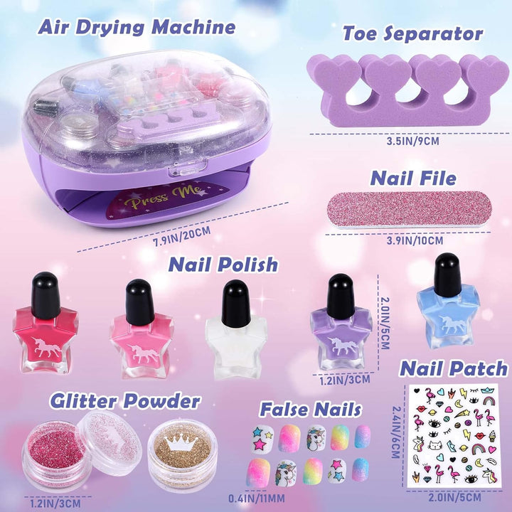 Kids Nail Polish Set for Girls, All-In-One Nail Art Kit - Dryer/ Glitter Powder/ False Nails/ Nail Decals/ Toe Separator/File, Age 3-12 Little Girl Gift Toys