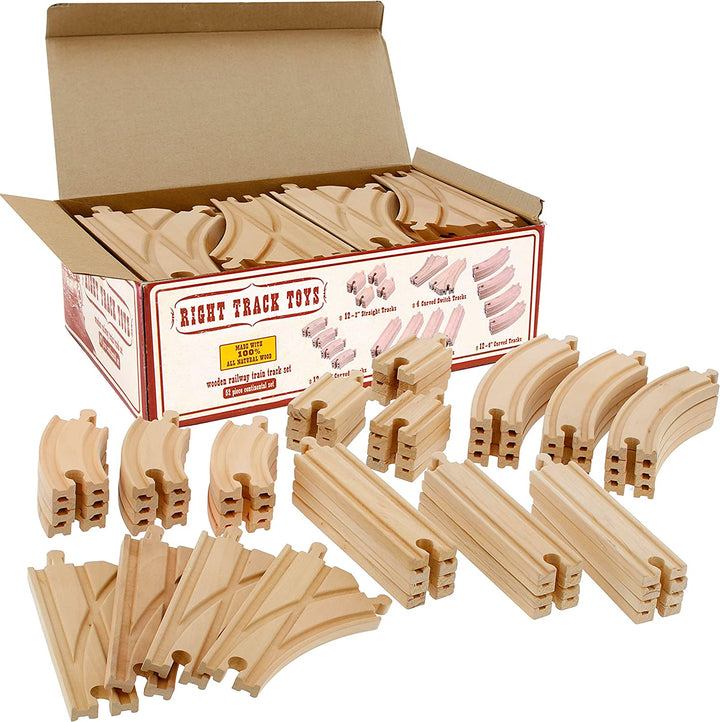Wooden Train Track 52 Piece Set-18 Feet of Track Expansion - 5 Distinct Pieces - 100% Compatible with All Major Brands Including Thomas Wooden Railway System: Screen Free Christmas Gift for Toddlers
