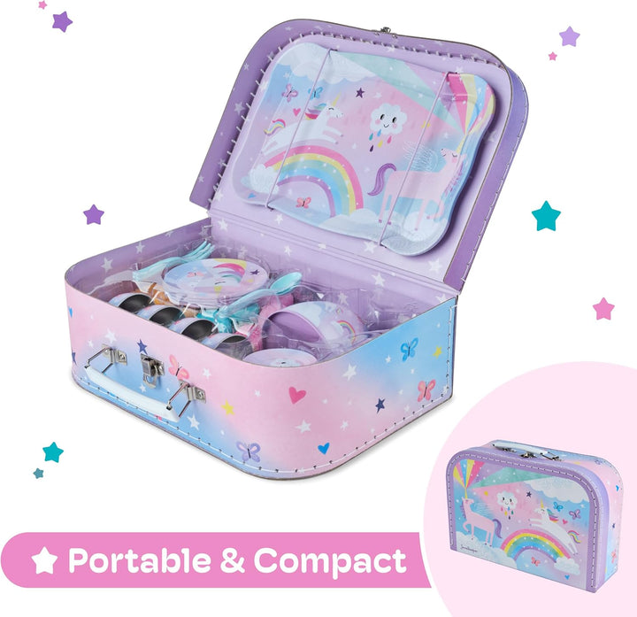 Tea Party Set - 15-Piece Toddler Tea Set with Unicorn Design for Kids - Includes Teapot, Cups, Saucers, Plates and Carrying Case for Imaginative Play and Storage