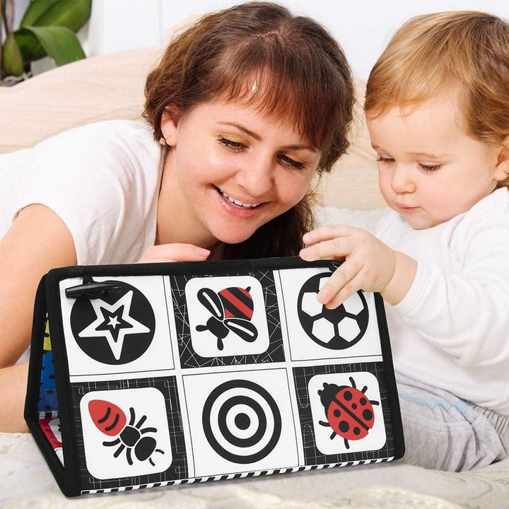 Tummy Time Baby Mirror Toys with Teethers, Double Black and White High Contrast Baby Toys 0-6 Months, Foldable Floor Sensory Development Toys for Infants Newborn