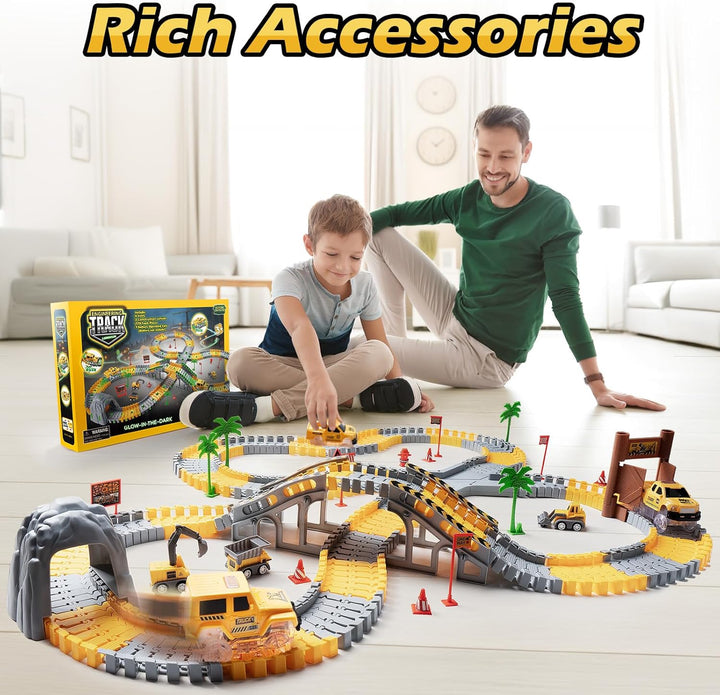 264 PCS Construction Race Tracks for Kids Toys, Glow in the Dark Magic Toy Set, 2 Light up Cars Track, 3 Construction Cars, Flexible DIY Track Set, Birthday Gift for Age 3-9 Boys Toddler Girls