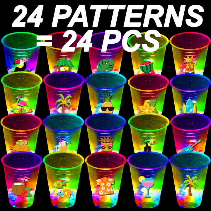 24 Pcs Glow Hawaiian Luau Party Cups, Flashing Tiki Party Cups, Tropical Luau Party Decorations Hawaiian Party Supplies Favor (16Oz)