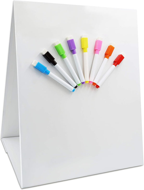 Magnetic Tabletop Desktop Easel &Whiteboard with Bonus 8X Dry Erase Markers. Double Sided and Self-Standing (16” X 12.5”)