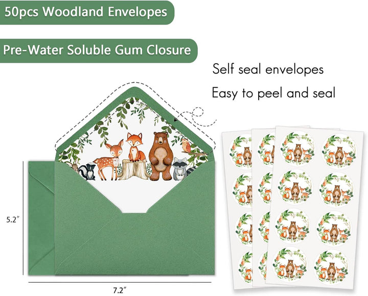 50 Woodland Baby Shower Invitations, Forest Woodland Greenery Invitations Macthing Envelpoes, Diaper Raffle Tickets, Book Request Cards, Forest Creatures Invitations