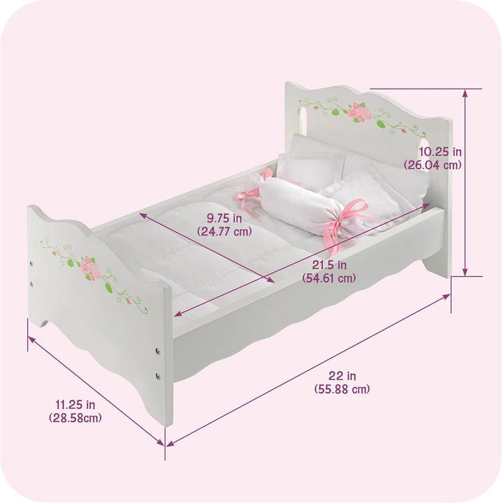 Wooden Doll Bed with Blanket and Pillow with Free Personalization Kit - Fits 18" to 20" Dolls - Ideal for Baby Dolls and Pretend Play Fun - White and Pink Rose Design