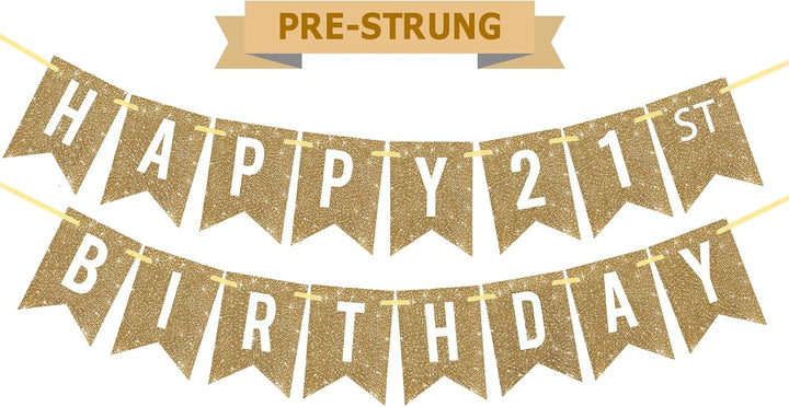 Pre-Strung Gold Happy Birthday Banner Decorations,12 Ft No DIY Gold Glitter Birthday Party Banner Sign Decor for Women Men Girl Boy Party Supplies