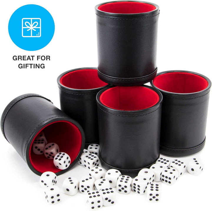 Dice Set with Dice Shaker Cup - Perfect for Casino Dice Game for Family Leather - Poker Dice Shaker - 5 Red Lined Dice Cups and 25 Dice Sets