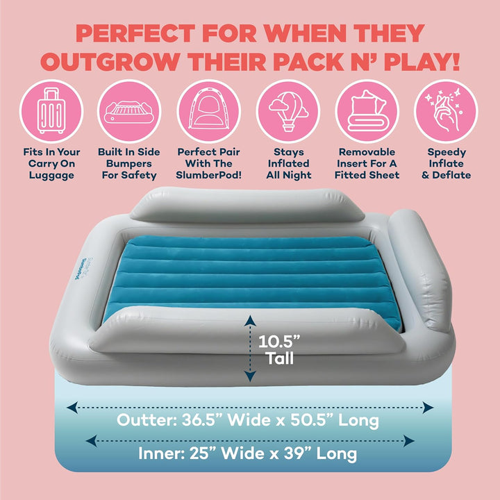 Slumbertot Inflatable Toddler Travel Bed - Portable Kids Air Mattress with Safety Bumpers - Perfectly Sized Ideal for Travel or Home Use - Includes Electric Pump