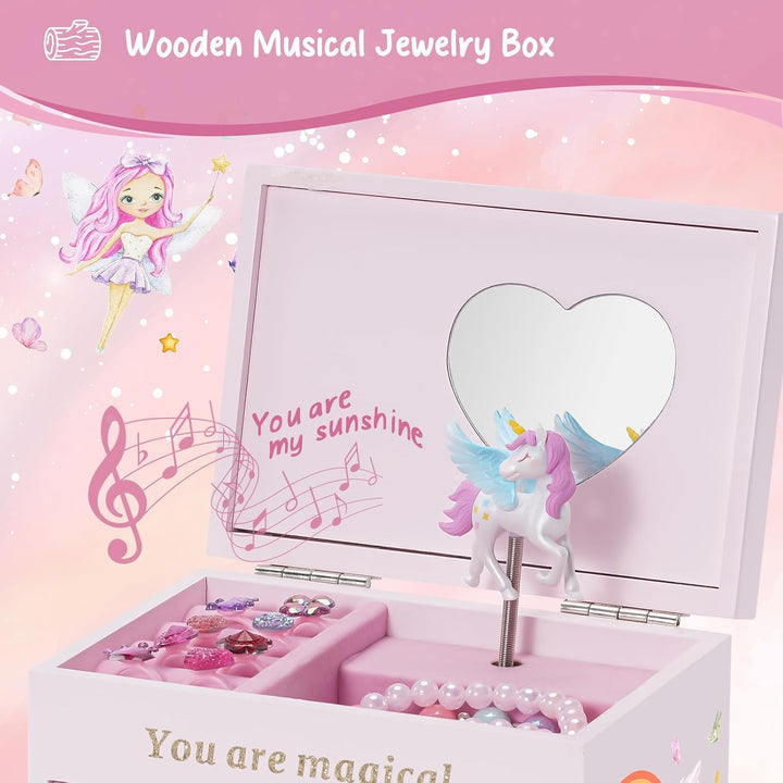 Wooden Jewelry Box with Unicorn for Girls, Musical Children'S Jewelry Organizer, Gift for Toddler Age 2 3 4 5 6 7 8 9 on Birthday -Pink