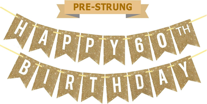Pre-Strung Gold Happy Birthday Banner Decorations,12 Ft No DIY Gold Glitter Birthday Party Banner Sign Decor for Women Men Girl Boy Party Supplies