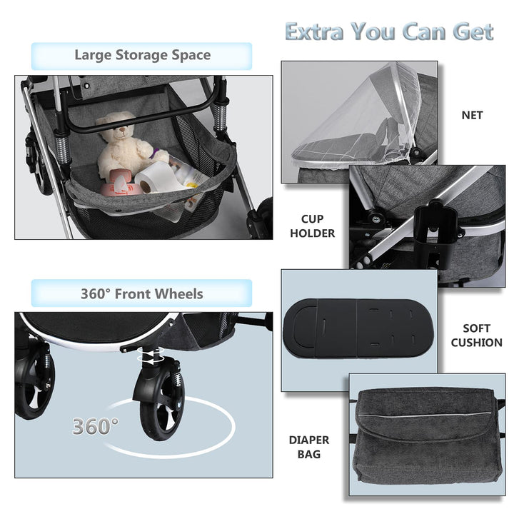 2 in 1 Convertible Baby Stroller, Folding High Landscape Infant Carriage, Newborn Reversible Pram, Diaper Bag, Anti-Shock Toddler Pushchair Stroller, Dark Grey