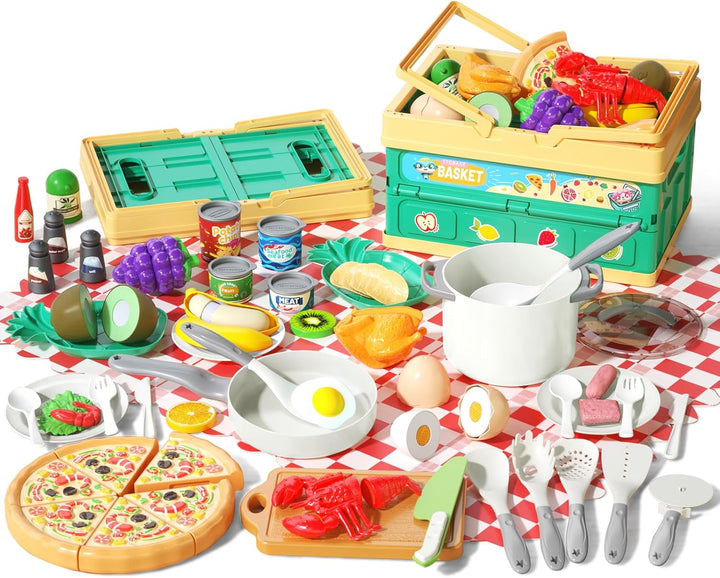 130Pcs Kitchen Playset, Toddler Pretend Cooking Play Pots, Pans, Utensils Cookware, Daily Food Fruit Veges, Shopping Storage Basket, Dessert, Prop Money, Learning Gift for Child (Blue)